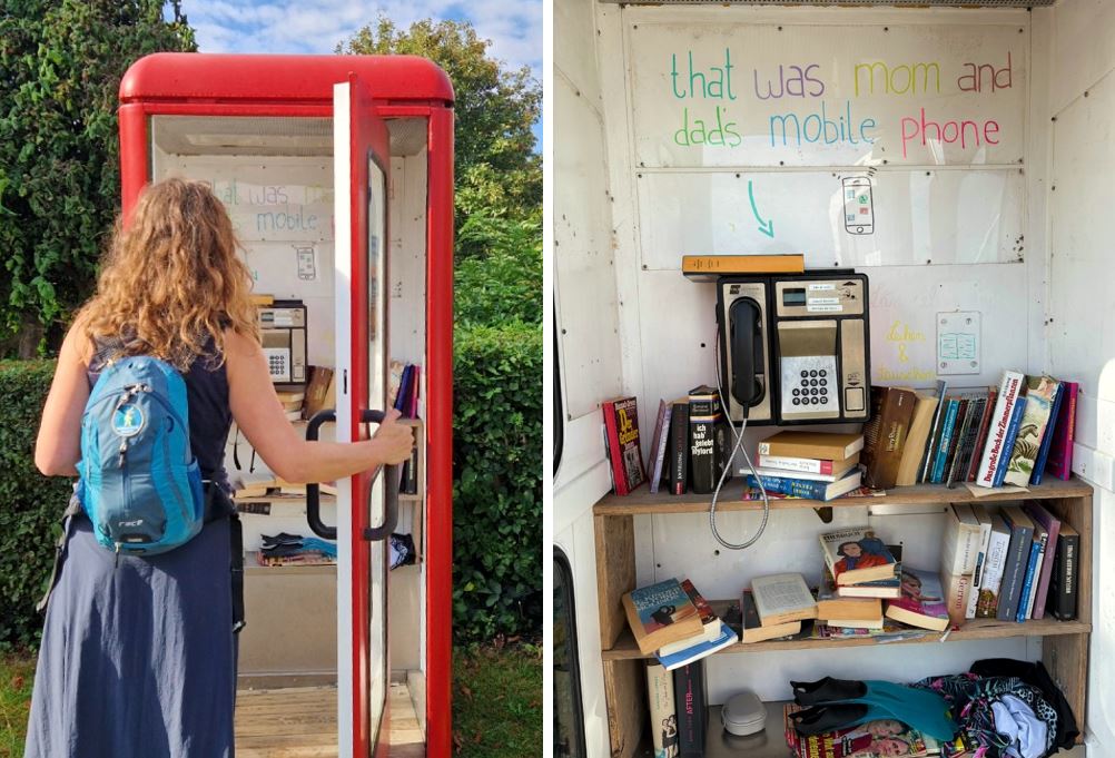 Gammel telefonboks brugt som bogskab på Kegnæs-stien